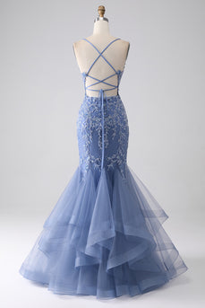 Grijze blauwe zeemeermin Spaghetti Strap kralen Backless Prom jurk met Appliques