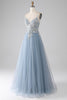 Afbeelding in Gallery-weergave laden, Grijs blauwe Spaghetti bandjes sprankelende pailletten lange Prom jurk