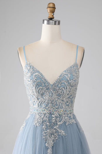 Grijs blauwe Spaghetti bandjes sprankelende pailletten lange Prom jurk