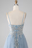 Afbeelding in Gallery-weergave laden, Grijs blauwe Spaghetti bandjes sprankelende pailletten lange Prom jurk