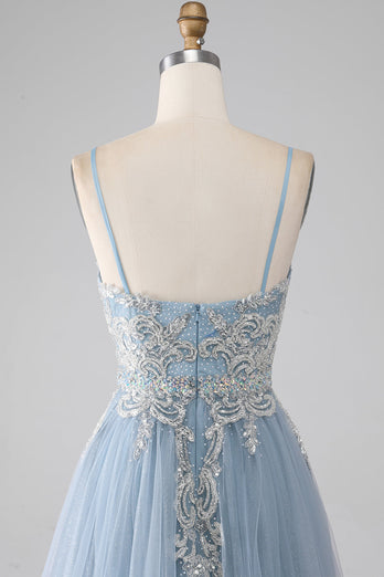 Grijs blauwe Spaghetti bandjes sprankelende pailletten lange Prom jurk