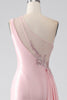 Afbeelding in Gallery-weergave laden, Roze zeemeermin één schouder pailletten appliques Ruched Prom jurk met split