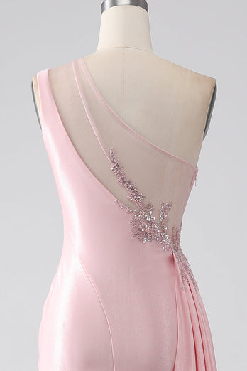 Roze zeemeermin één schouder pailletten appliques Ruched Prom jurk met split