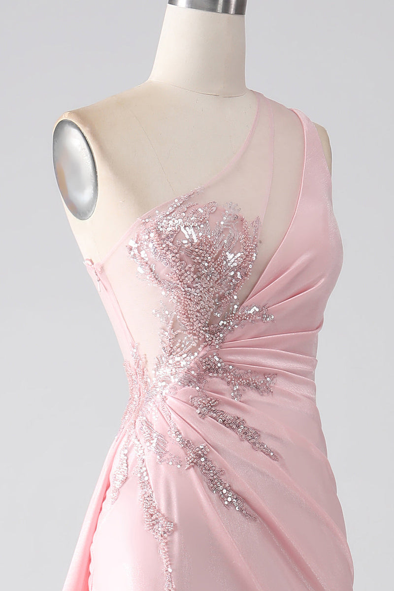 Afbeelding in Gallery-weergave laden, Roze zeemeermin één schouder pailletten appliques Ruched Prom jurk met split