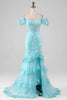 Afbeelding in Gallery-weergave laden, Hemelsblauwe Off the Shoulder Lace en Pailletten zeemeermin Prom jurk met split