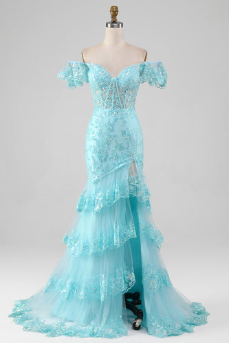Hemelsblauwe Off the Shoulder Lace en Pailletten zeemeermin Prom jurk met split
