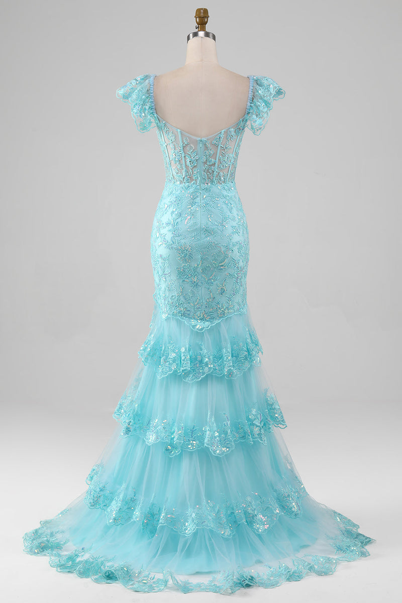 Afbeelding in Gallery-weergave laden, Hemelsblauwe Off the Shoulder Lace en Pailletten zeemeermin Prom jurk met split