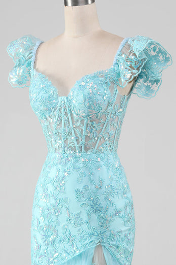 Hemelsblauwe Off the Shoulder Lace en Pailletten zeemeermin Prom jurk met split