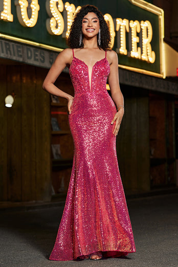 Prachtige zeemeermin spaghetti bandjes Fuchsia pailletten korset Prom jurk