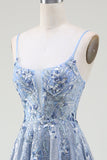 Glitter A-lijn Spaghettibandjes Grijs Blauw Galajurk