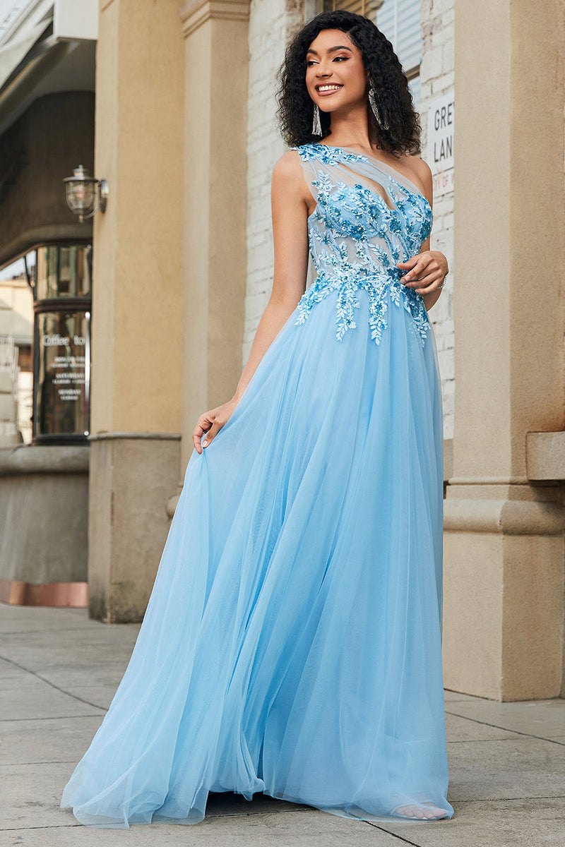 Afbeelding in Gallery-weergave laden, Prachtige A Line One Shoulder lichtblauwe korset Prom jurk met Appliques