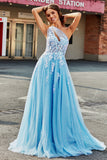 Lichtblauwe A Line One Shoulder Long Tulle Prom Dress Met Appliques