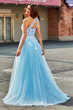 Lichtblauwe A Line One Shoulder Long Tulle Prom Dress Met Appliques