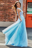 Lichtblauwe A Line One Shoulder Long Tulle Prom Dress Met Appliques