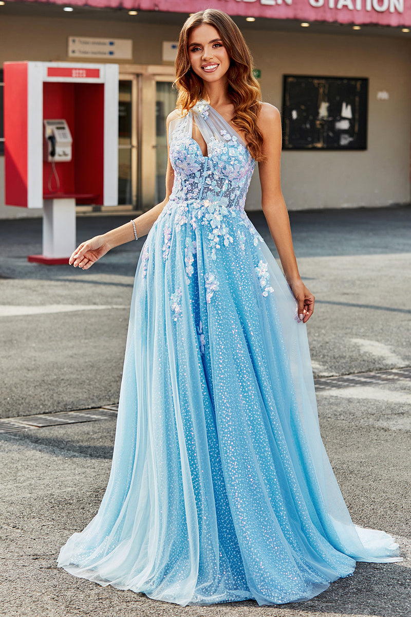 Afbeelding in Gallery-weergave laden, Lichtblauwe A Line One Shoulder Long Tulle Prom Dress Met Appliques