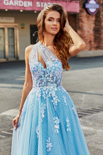Lichtblauwe A Line One Shoulder Long Tulle Prom Dress Met Appliques