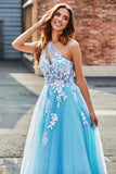 Lichtblauwe A Line One Shoulder Long Tulle Prom Dress Met Appliques