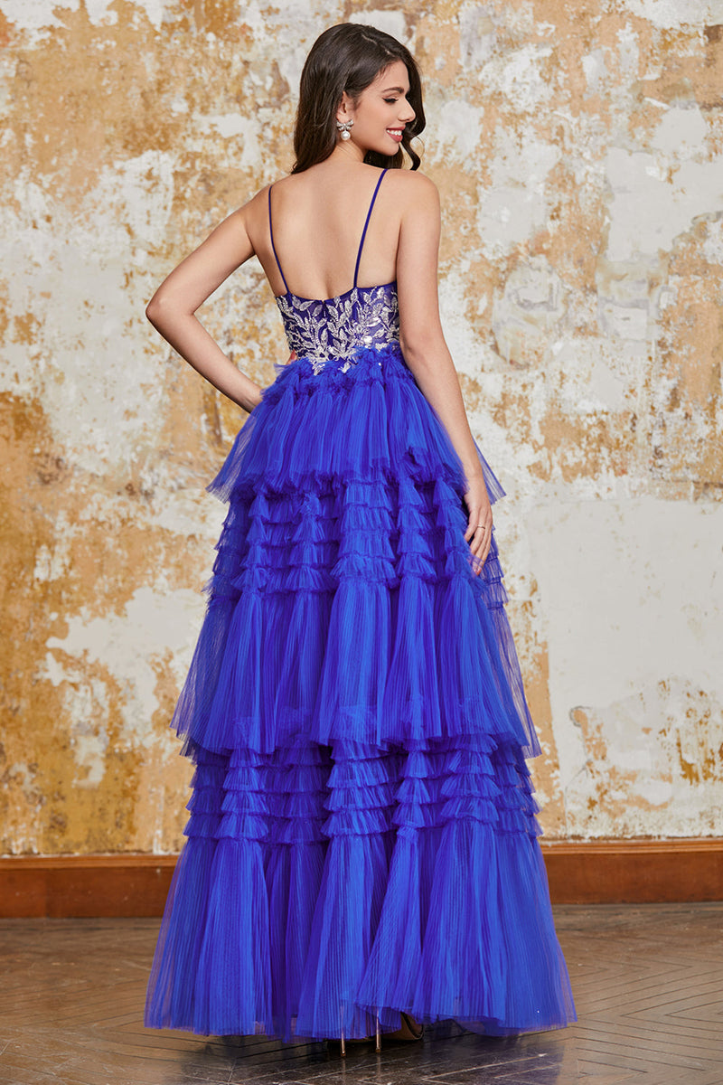 Afbeelding in Gallery-weergave laden, Prachtige A-lijn Spaghetti bandjes koningsblauwe lange Prom jurk met ruches Appliques