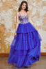 Afbeelding in Gallery-weergave laden, Prachtige A-lijn Spaghetti bandjes koningsblauwe lange Prom jurk met ruches Appliques