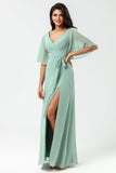 Chiffon V-hals Mint Bruidsmeisjesjurk met Split