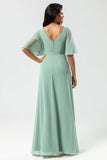 Chiffon V-hals Mint Bruidsmeisjesjurk met Split