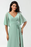 Chiffon V-hals Mint Bruidsmeisjesjurk met Split