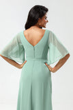 Chiffon V-hals Mint Bruidsmeisjesjurk met Split