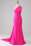 Zeemeermin Hot Pink One Shoulder Lange Galajurk