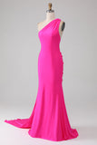 Zeemeermin Hot Pink One Shoulder Lange Galajurk