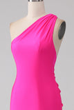 Zeemeermin Hot Pink One Shoulder Lange Galajurk