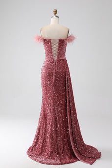 Zeemeermin Off the Shoulder Blush Pailletten Prom jurk met split