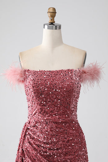 Zeemeermin Off the Shoulder Blush Pailletten Prom jurk met split