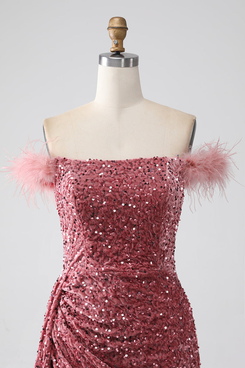 Afbeelding in Gallery-weergave laden, Zeemeermin Off the Shoulder Blush Pailletten Prom jurk met split