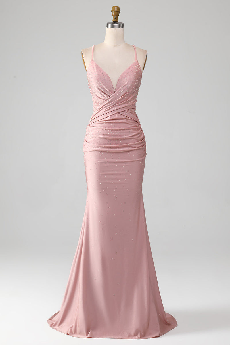 Afbeelding in Gallery-weergave laden, Sprankelende Blush kralen lange zeemeermin Prom jurk