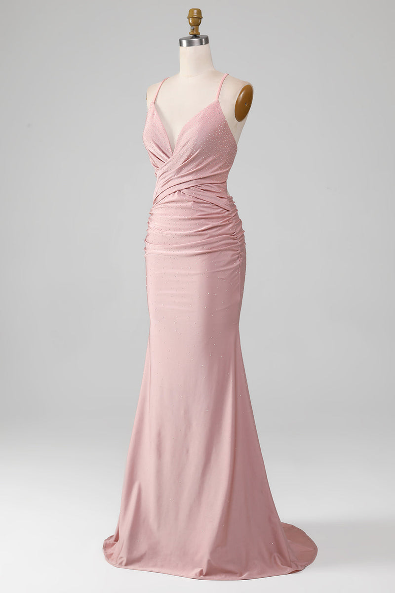 Afbeelding in Gallery-weergave laden, Sprankelende Blush kralen lange zeemeermin Prom jurk