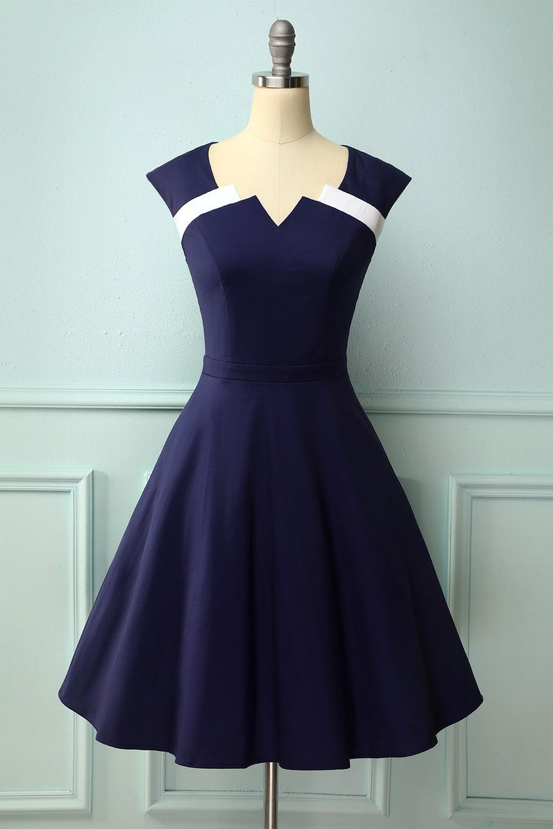 Afbeelding in Gallery-weergave laden, Marineblauwe jaren 50 jurk met asymmetrische hals