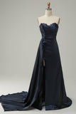 A Line Sweetheart Navy Long Prom Jurk met Split Front