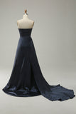 A Line Sweetheart Navy Long Prom Jurk met Split Front