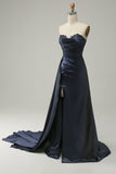 A Line Sweetheart Navy Long Prom Jurk met Split Front