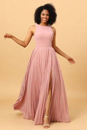 Blush Lange Chiffon Geplooide Bruidsmeisje Jurk met Spleet