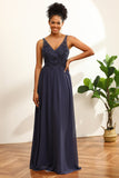 Dusty Blue Ruched Long Chiffon Bruidsmeisje Jurk met Spleet