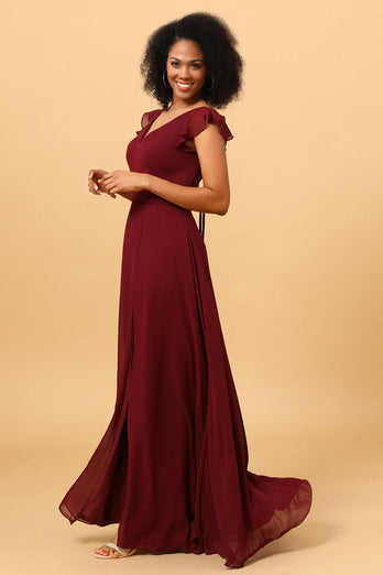 Chiffon Bordeaux Bruidsmeisjesjurk met Spleet