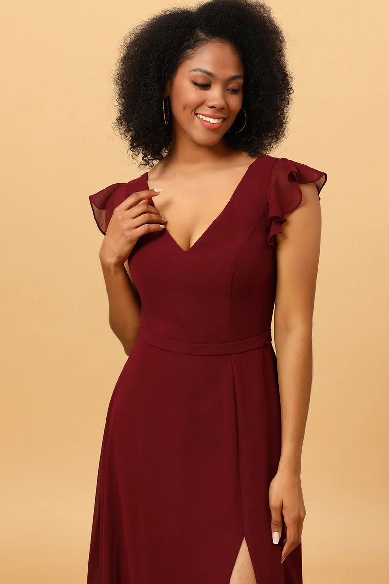 Afbeelding in Gallery-weergave laden, Chiffon Bordeaux Bruidsmeisjesjurk met Spleet