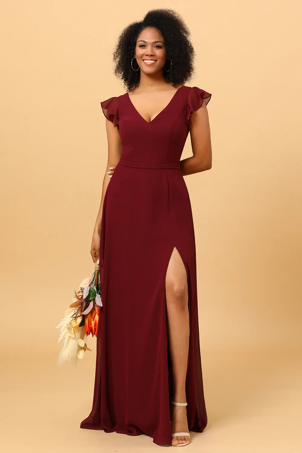 Chiffon Bordeaux Bruidsmeisjesjurk met Spleet