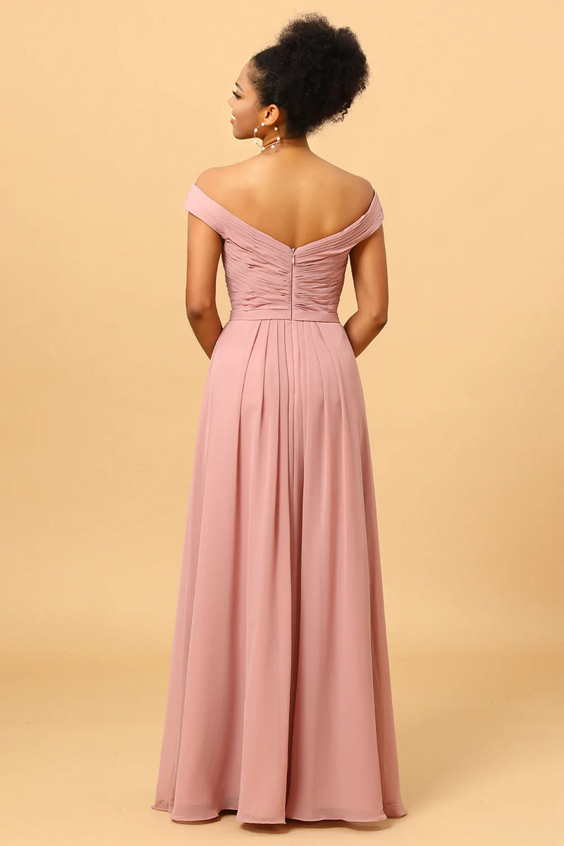 Afbeelding in Gallery-weergave laden, Ruches Chiffon Roze Bruidsmeisje Jurk met Spleet
