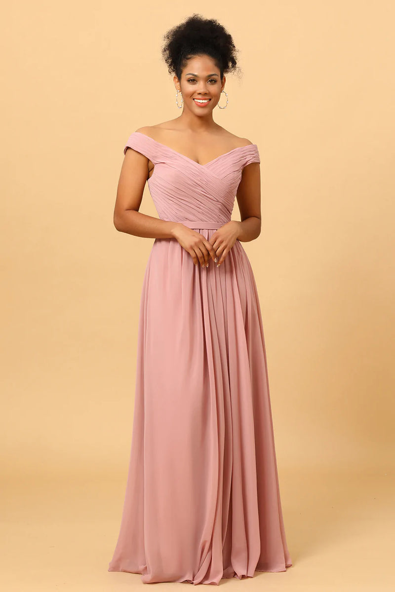 Afbeelding in Gallery-weergave laden, Ruches Chiffon Roze Bruidsmeisje Jurk met Spleet
