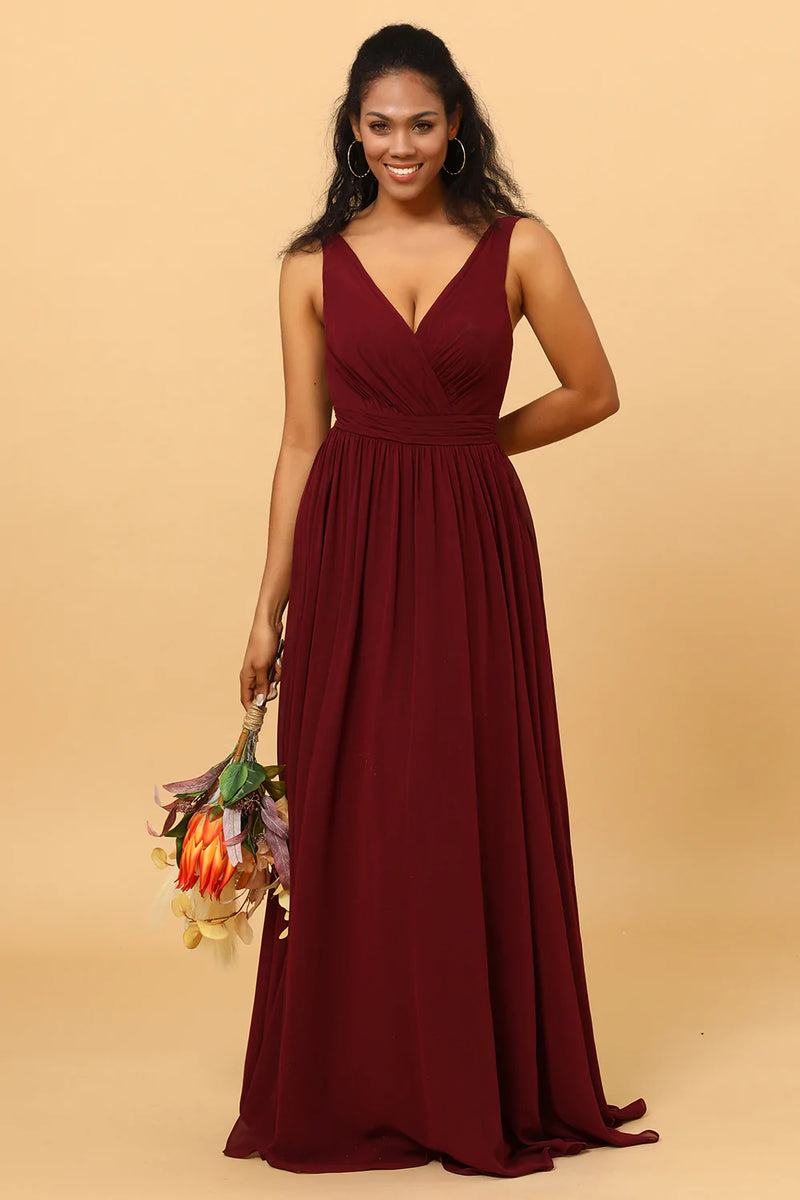 Afbeelding in Gallery-weergave laden, A-lijn Chiffon Burgundy Bruidsmeisjesjurk