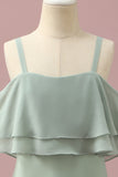 Sage Straps Cold Shoulder Chiffon Junior Bruidsmeisje Jurk