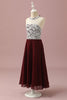 Afbeelding in Gallery-weergave laden, Bordeaux kant en chiffon halter junior bruidsmeisje jurk