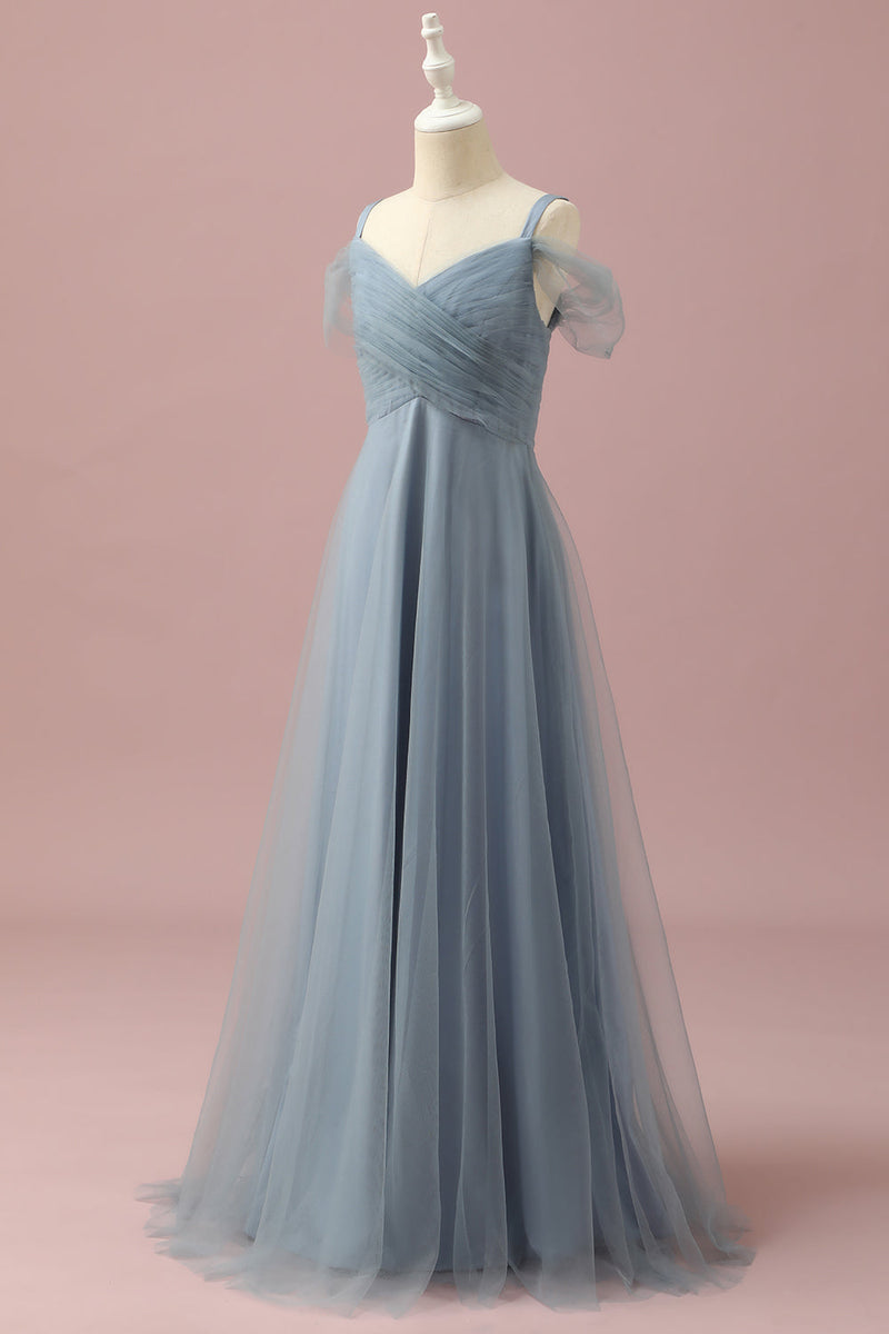 Afbeelding in Gallery-weergave laden, Grijs Blauw Cold Shoulder Tulle Junior Bruidsmeisje Jurk